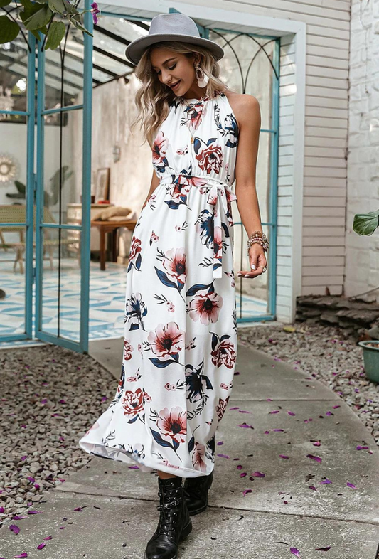 Robe longue imprimée fleur et col rond - Carla