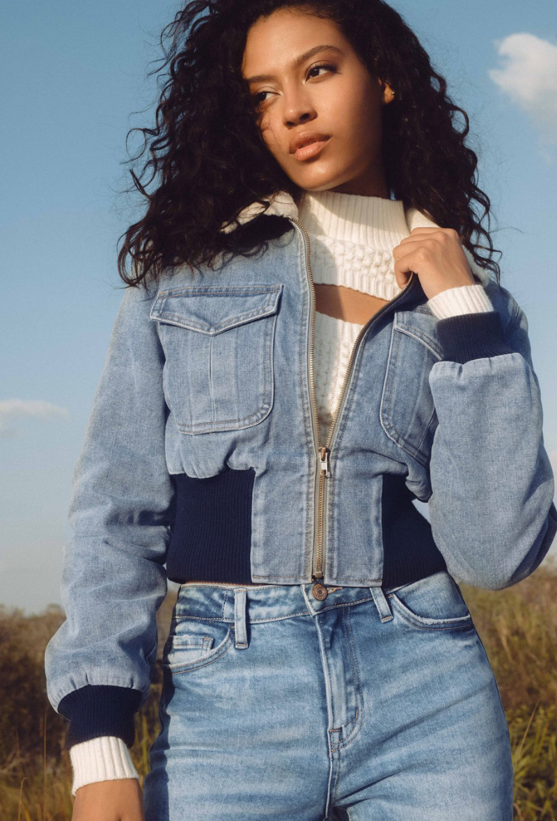 Pré-commande - Blouson en coton jeans avec col fourré bleu - Angela