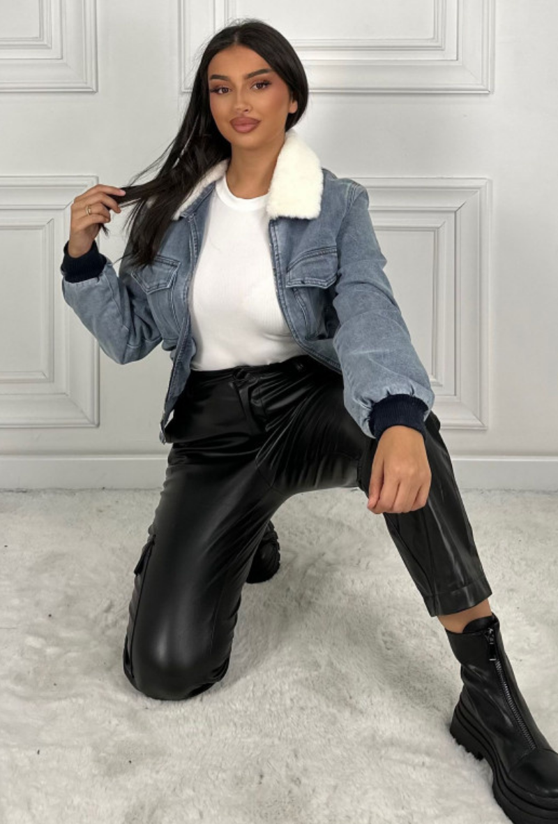 Pré-commande - Blouson en coton jeans avec col fourré bleu - Angela
