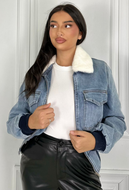 Pré-commande - Blouson en coton jeans avec col fourré bleu - Angela