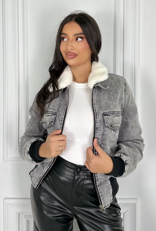 Pré-commande - Blouson en coton jeans avec col fourré gris - Angela