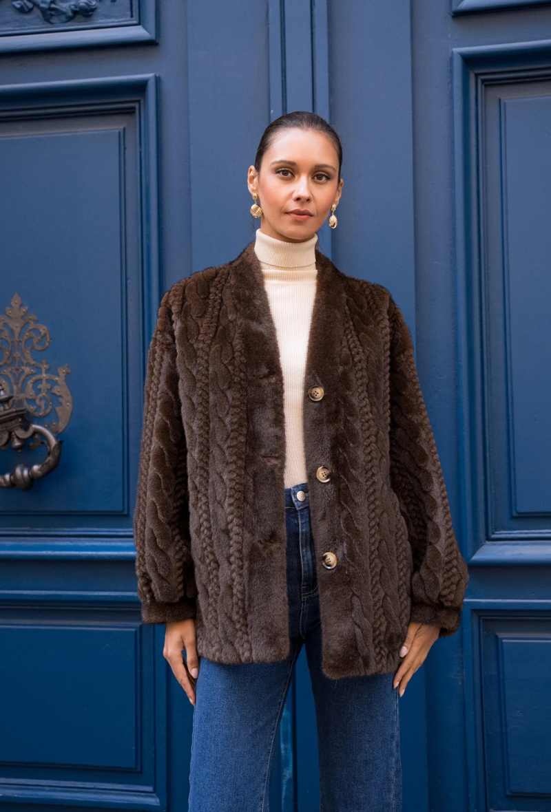 Gilet torsadé épais en fausse fourrure chocolat - Lola
