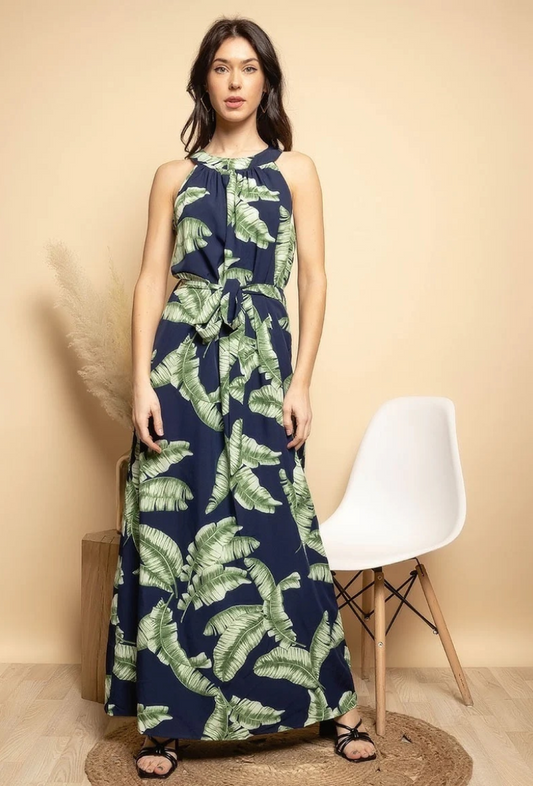 Robe longue imprimée et col rond - Éléna