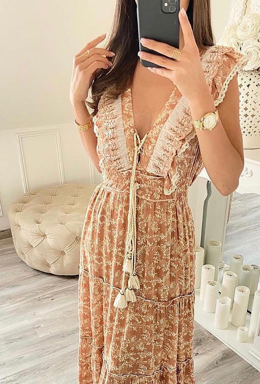 Robe imprimée longue avec broderie et perle - Nawelle