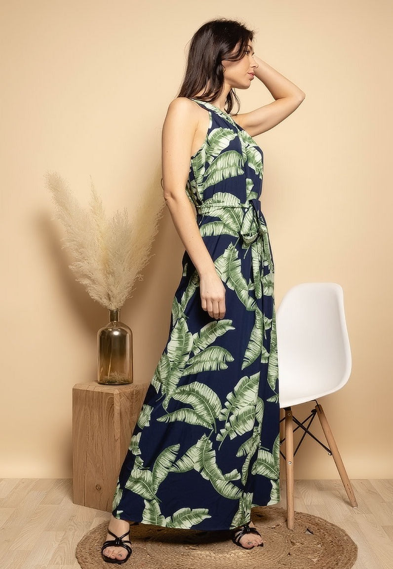 Robe longue imprimée et col rond - Éléna