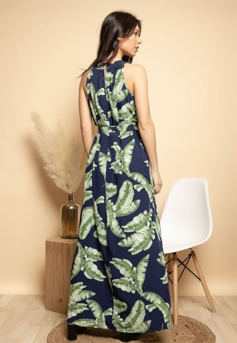 Robe longue imprimée et col rond - Éléna