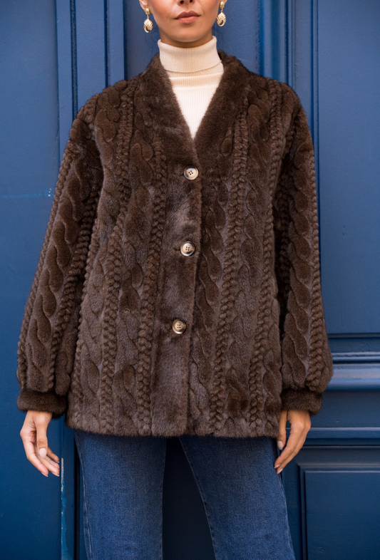 Gilet torsadé épais en fausse fourrure chocolat - Lola