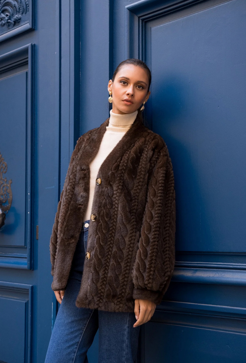 Gilet torsadé épais en fausse fourrure chocolat - Lola