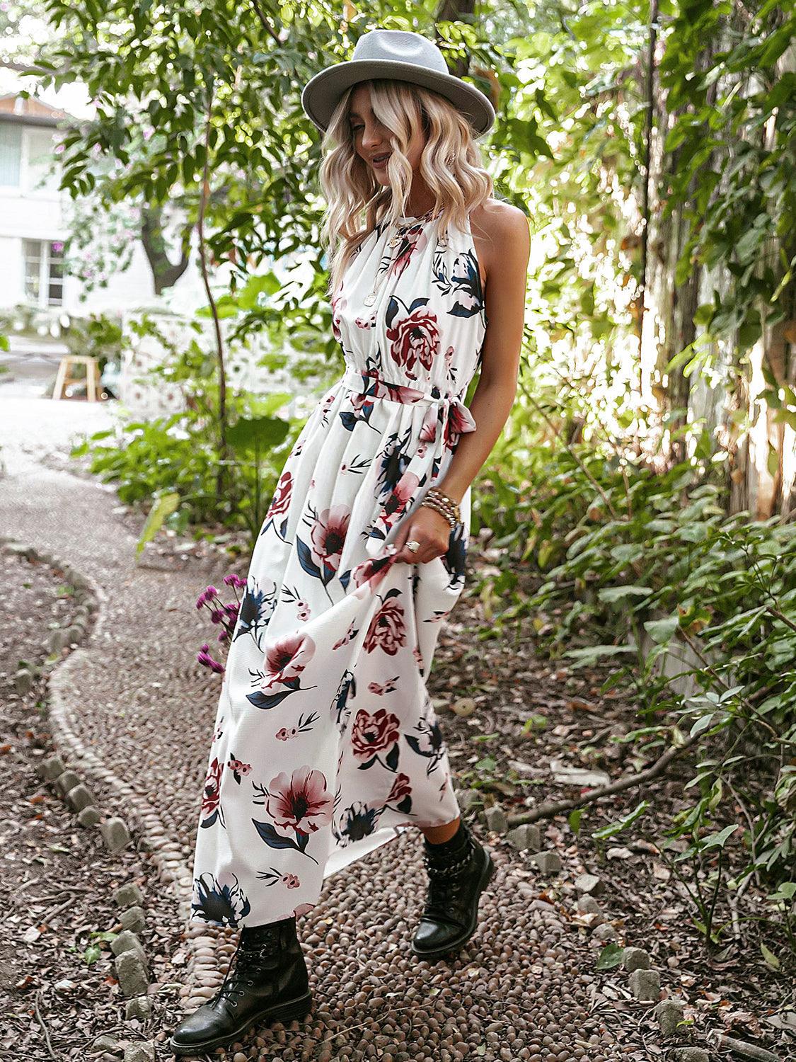 Robe longue imprimée fleur et col rond - Carla