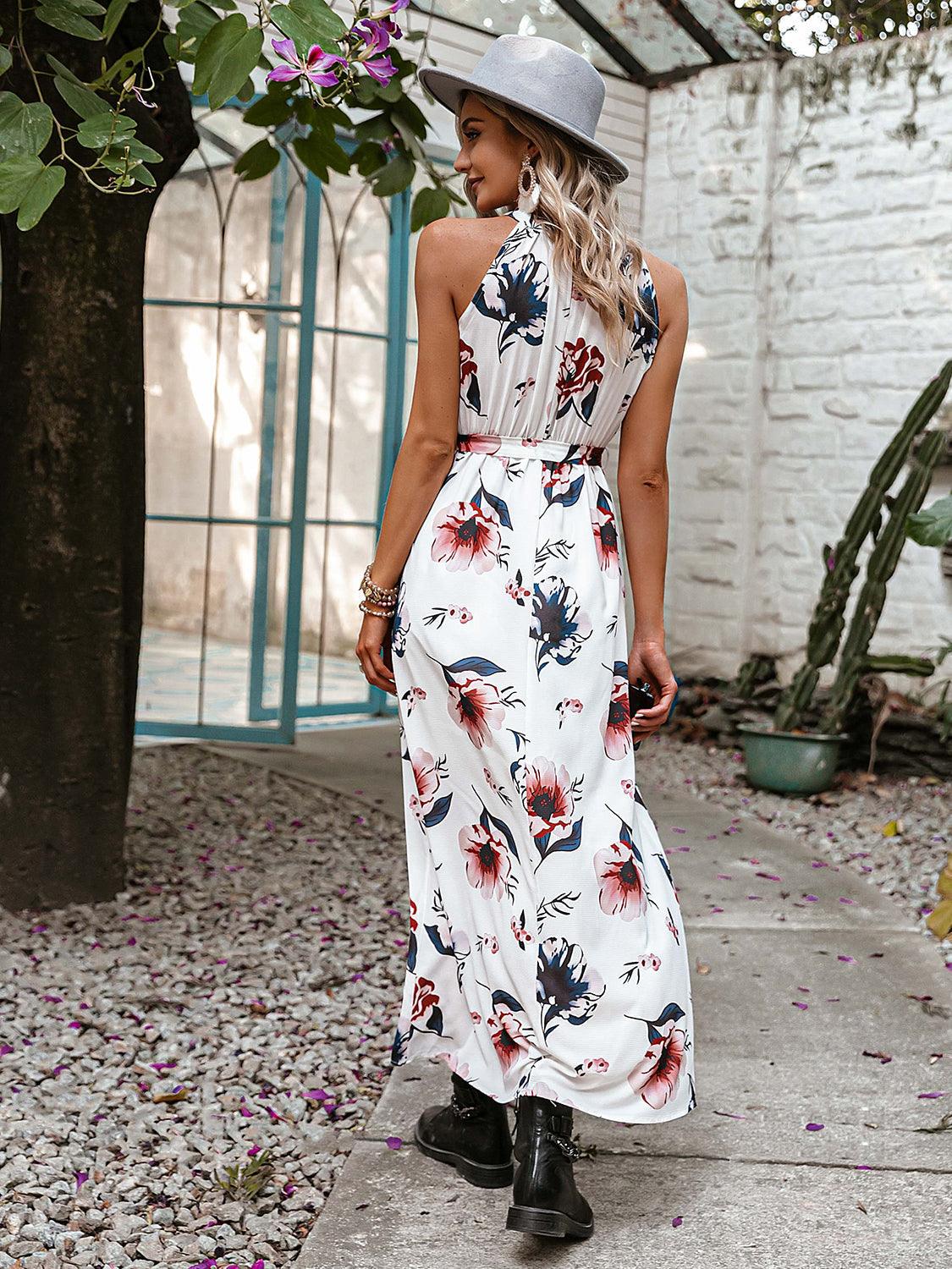 Robe longue imprimée fleur et col rond - Carla